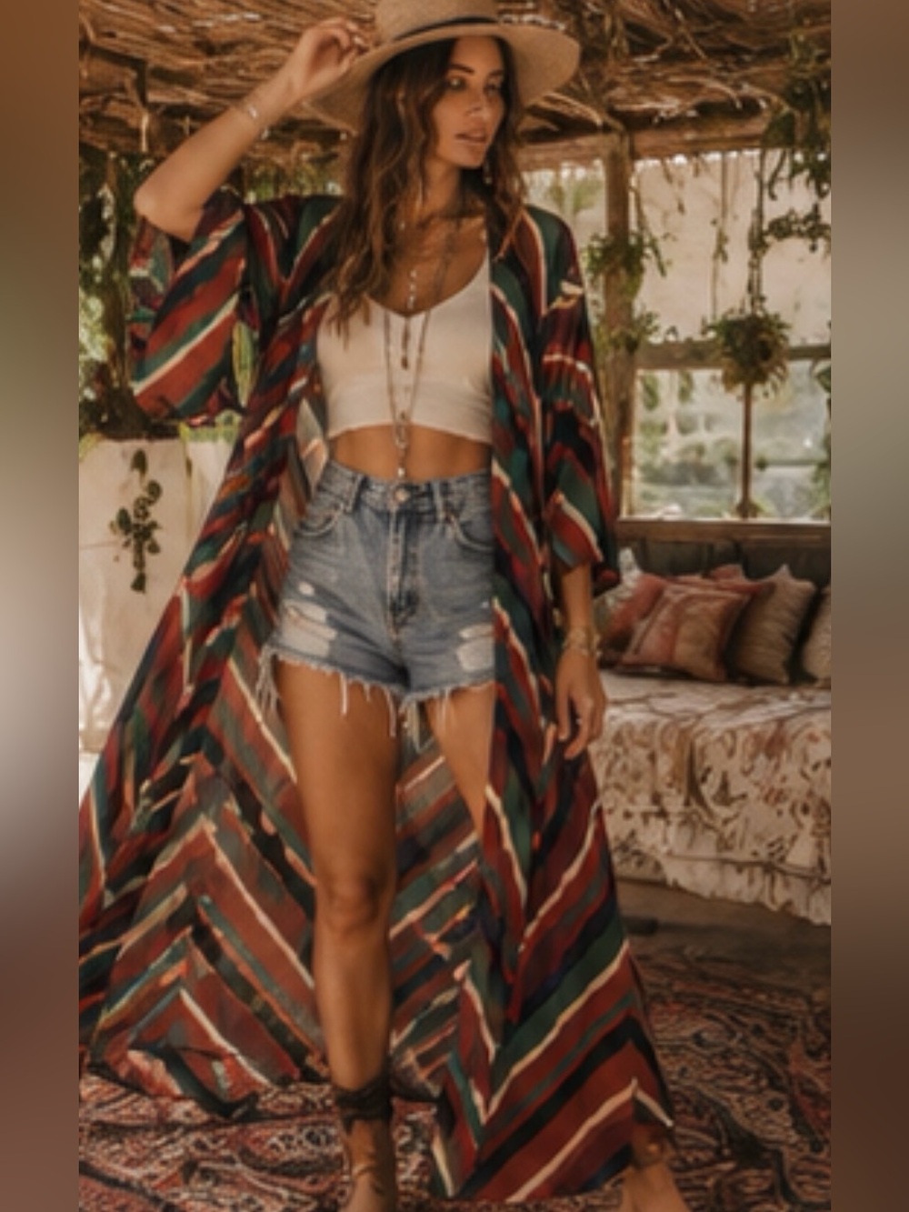Sheer Striped Kimono Duster | Size L (Generous Fit) | Boho Layering Piece